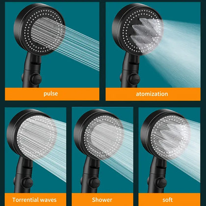 1pc High-Pressure Shower Head, Multi-Functional Hand Held Sprinkler With 5 Modes, 360°Adjustable Detachable Hydro Jet Shower Head With Pause Switch, All-Round Filter 9.8*3.5inch